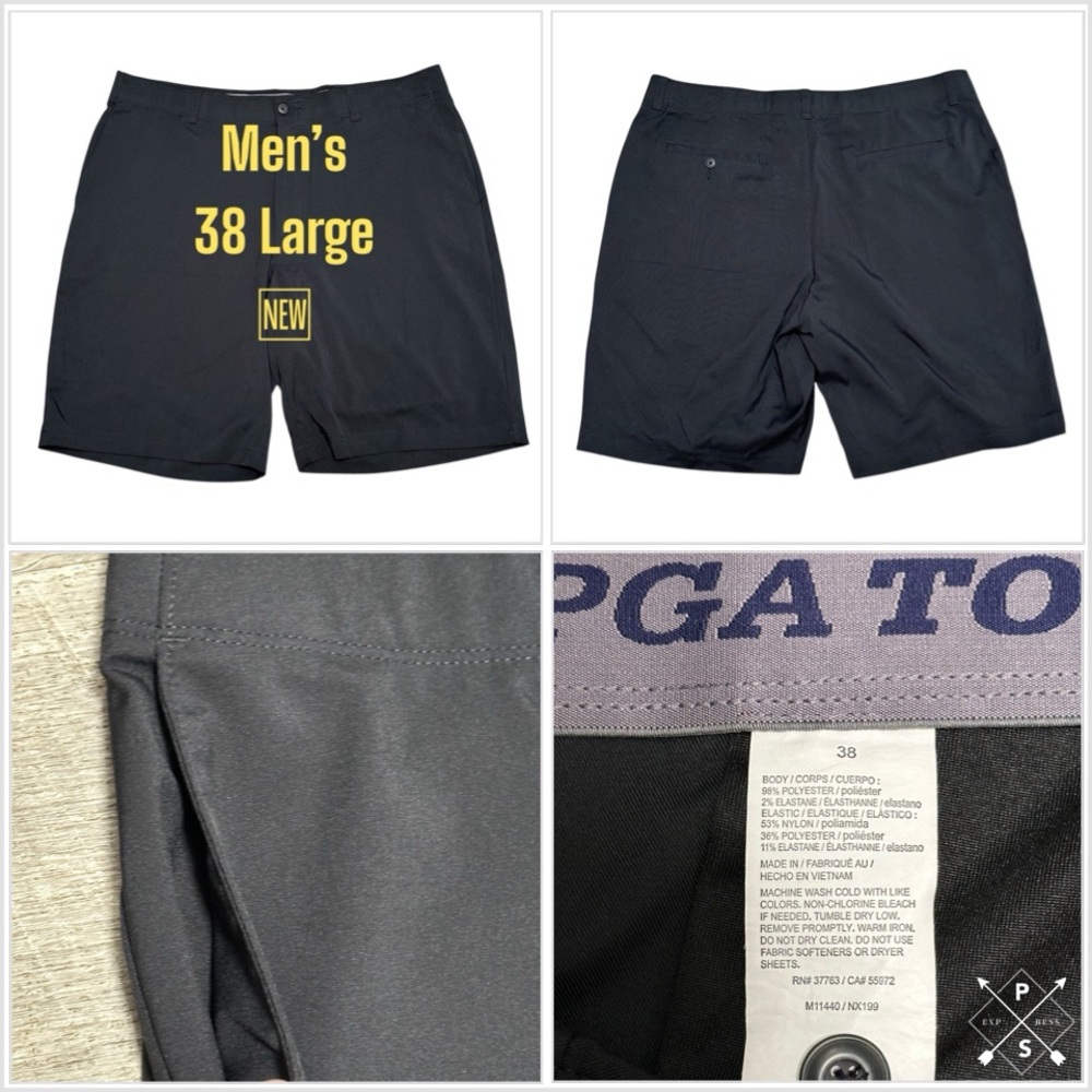 Men's PGA Tour 38 L Large Golf Shorts Black Chino Khakis Stretch Flex Waist NWOT